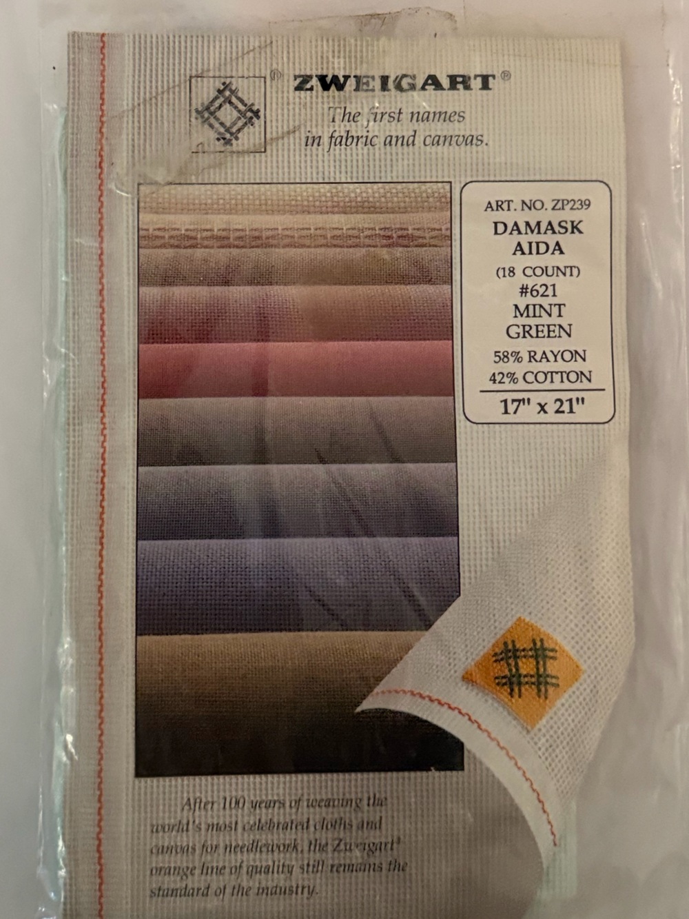 Zweigart Damask Aida 18 Count | Mint Green #621 | 17x21 | Cotton & Rayon Fabric